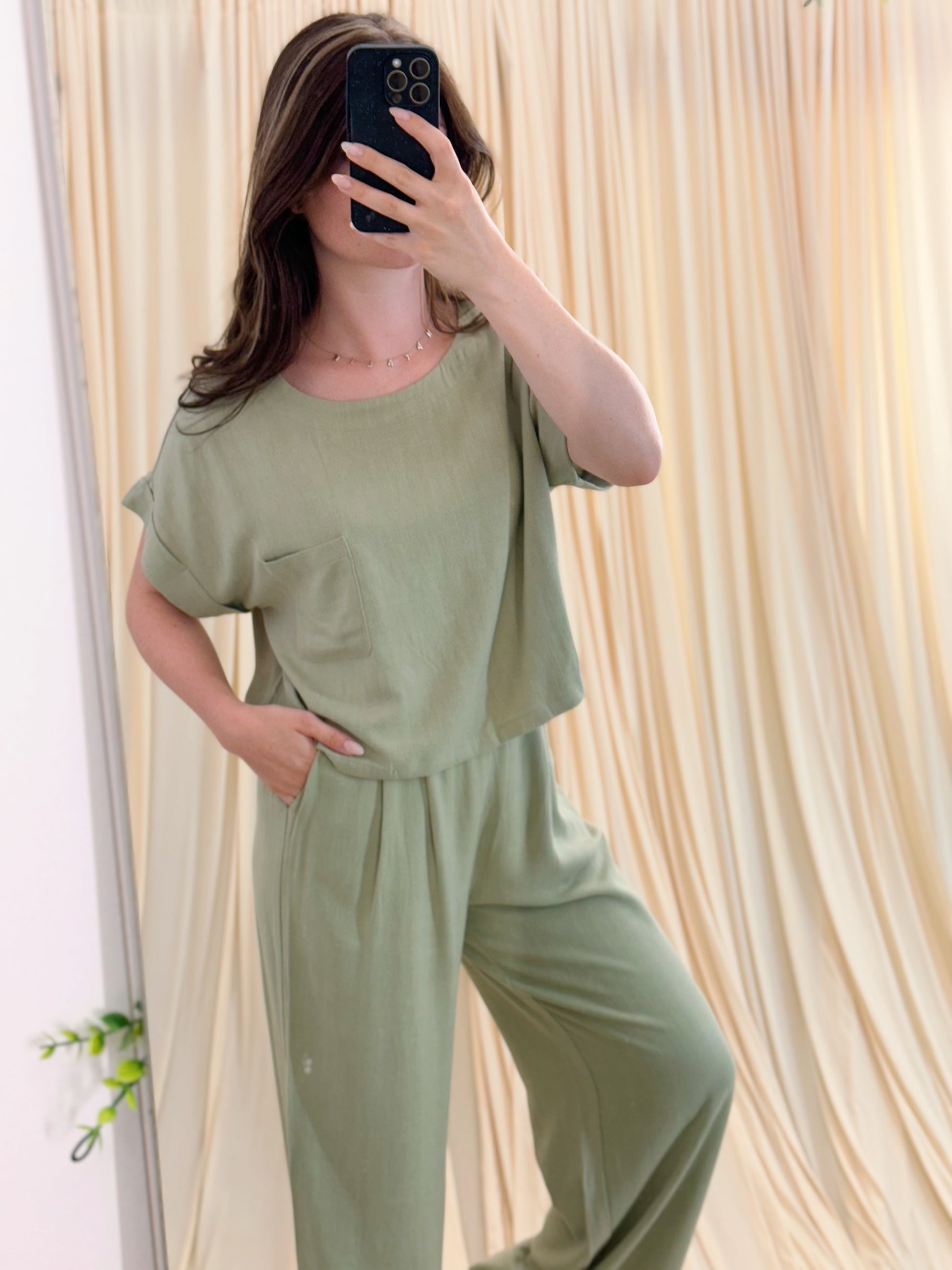 matching set, linen cotton blend, pockets, olive color