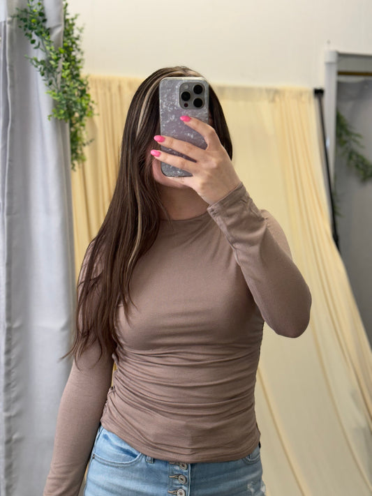 brown fitted women's shirt, long sleeve