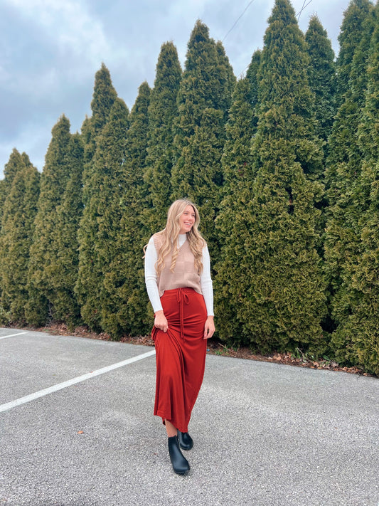Burnt Brick- Maxi Drawstring Skirt