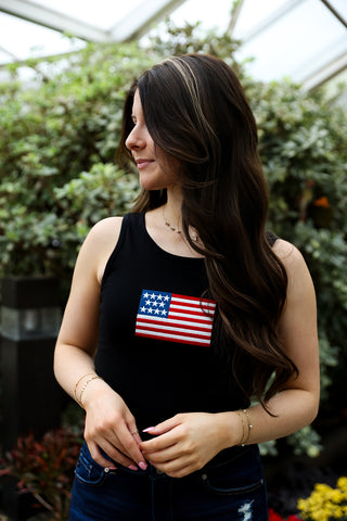 womens black tank top with embroidered American flag