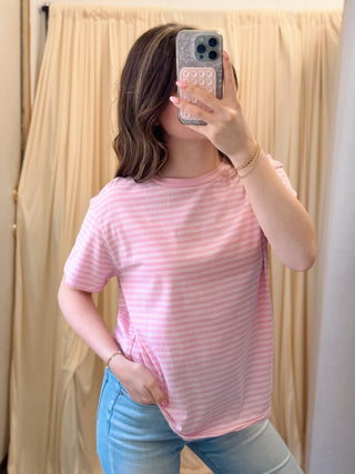 white and pink stripe shirt