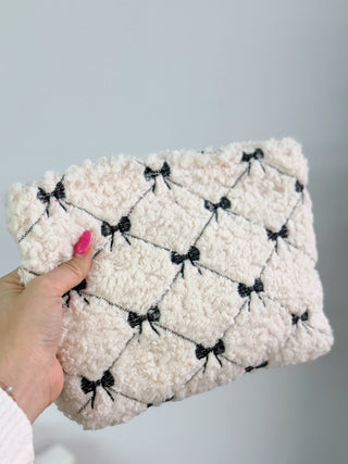 sherpa embroidered bows, cosmetic bag