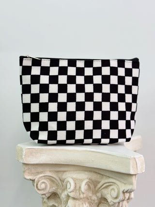 black and white checkered cosmetic bag