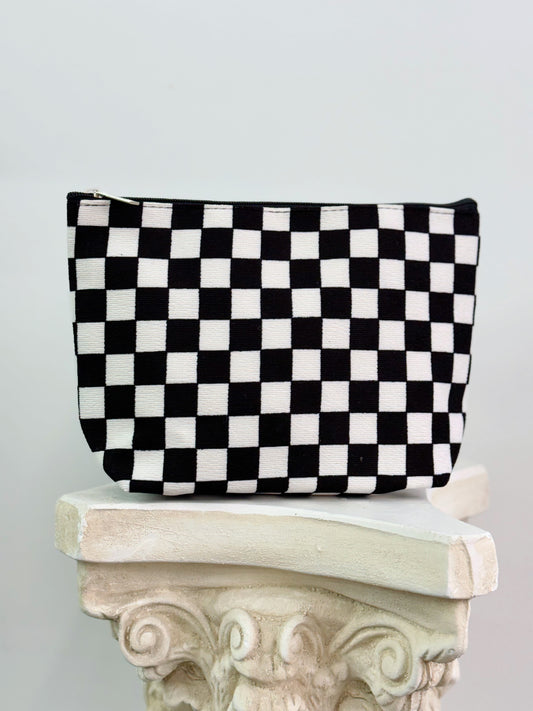 black and white checkered cosmetic bag