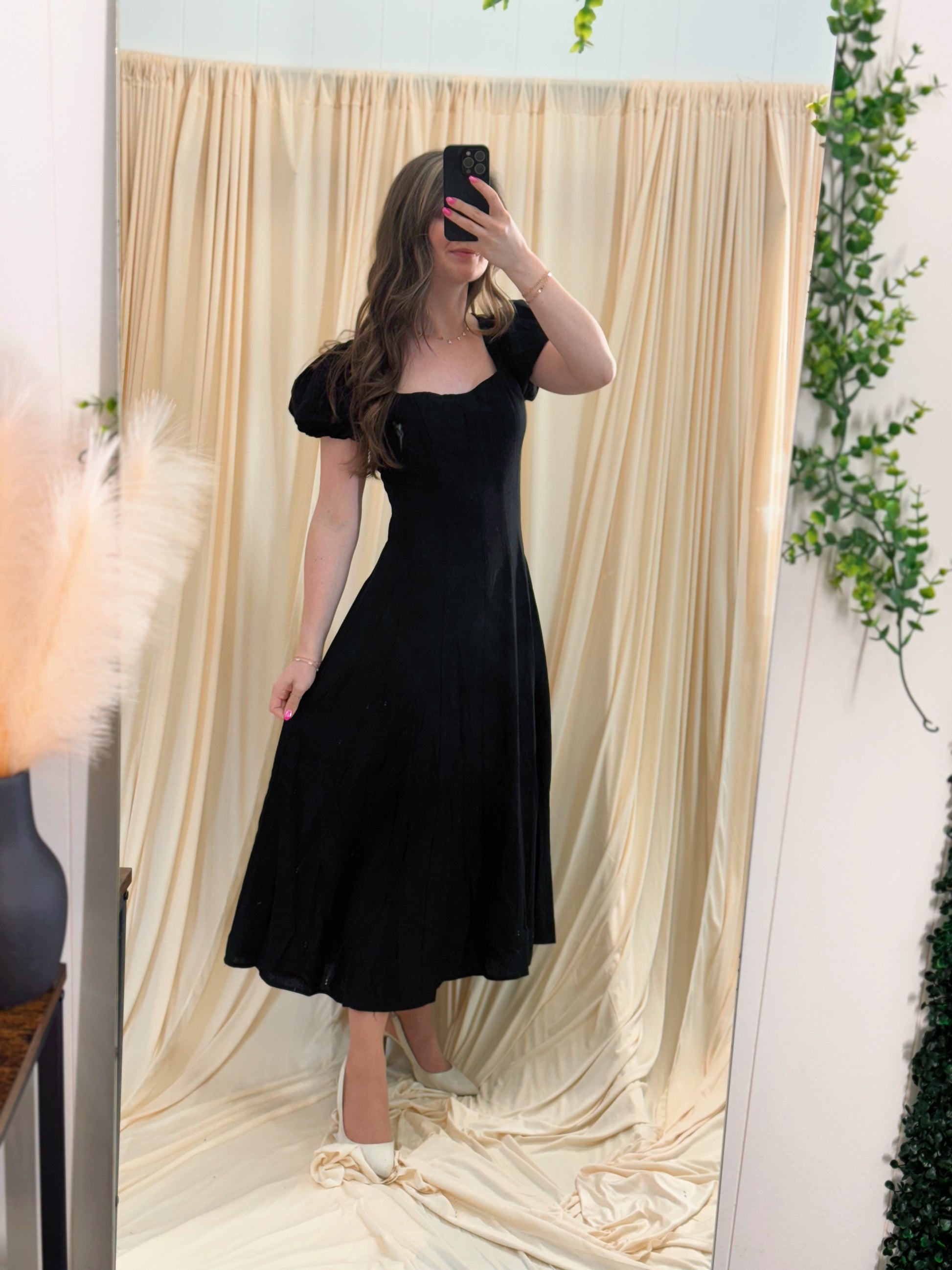 puff sleeve maxi black slimming dress