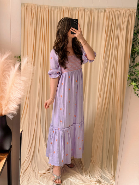 Lavender dress with smocked top and 3/4 sleeves maxi dress orange floral embroidery