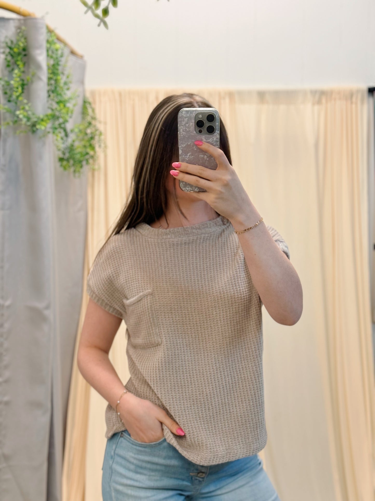 short sleeve brown sweater with pocket
