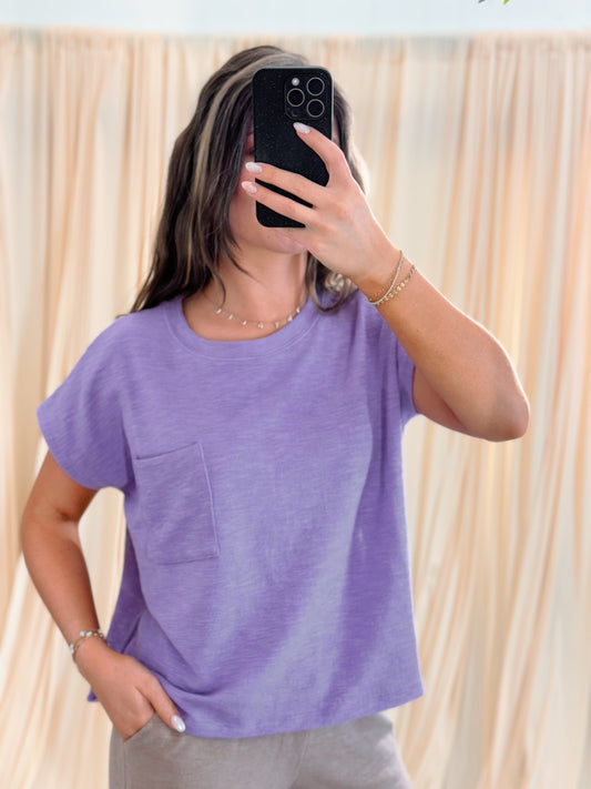purple tee with a pocket