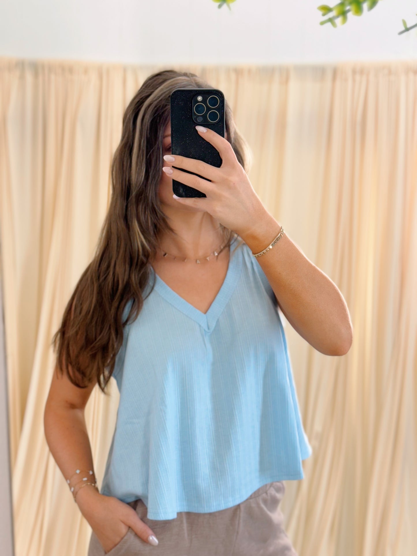 light blue, v neck, tank top