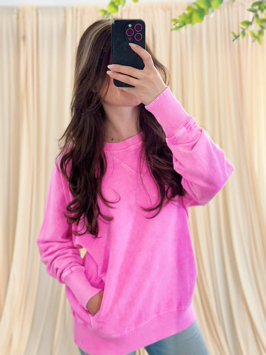 bright pink sweatshirt, crewneck with pockets