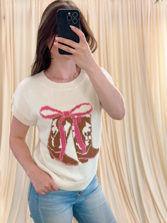 cream sweater with a pink bow and brown boots design, short sleeve