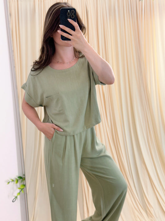 matching set, linen cotton blend, pockets, olive color