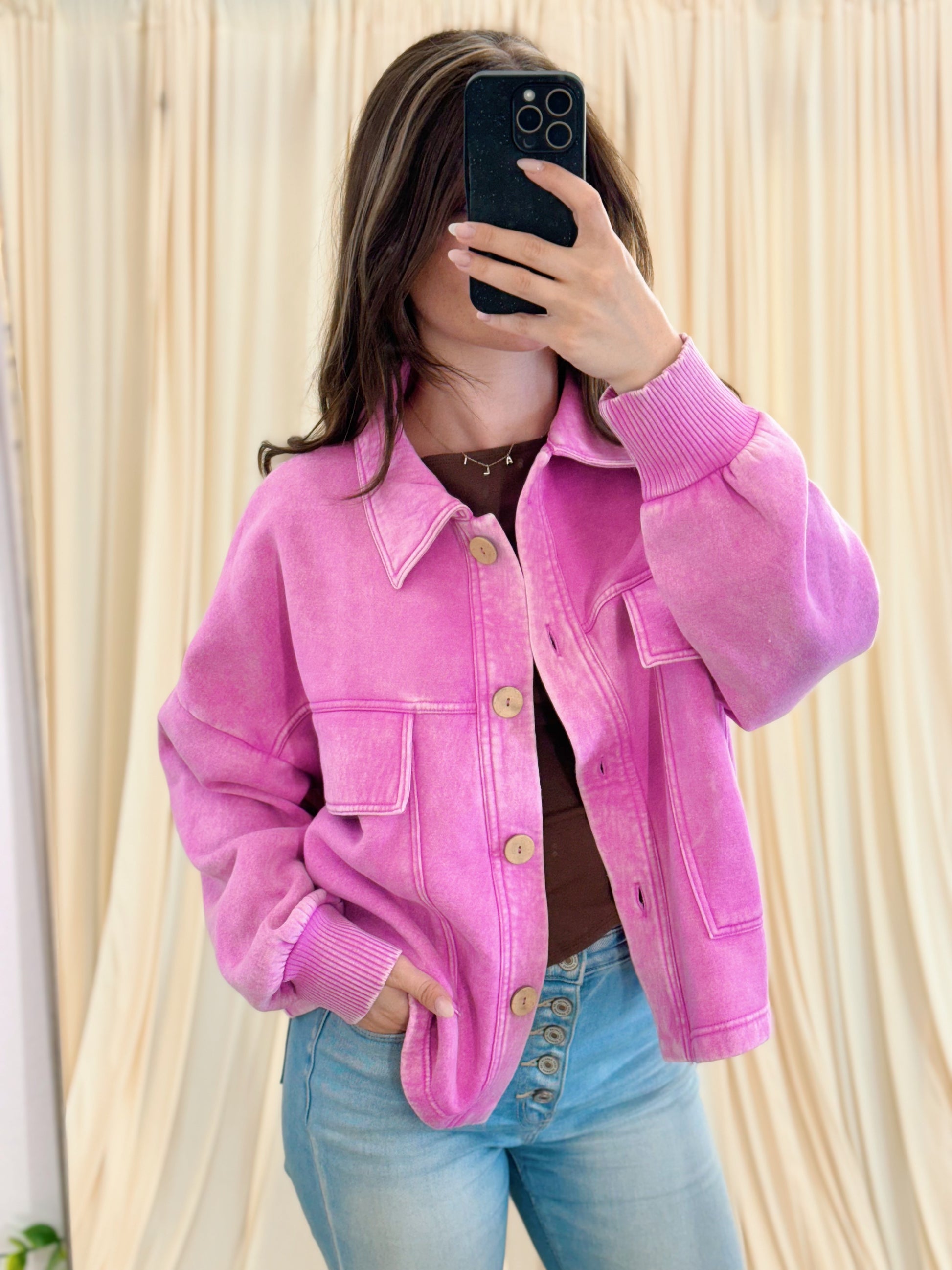 pink button jacket
