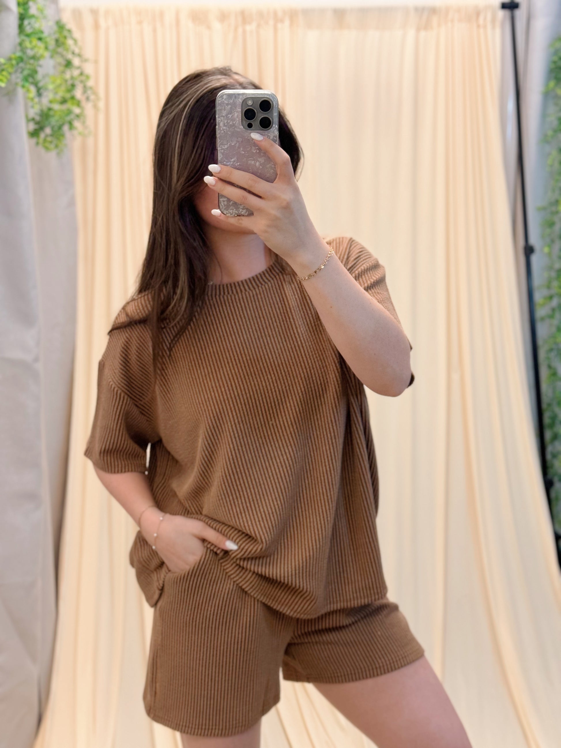 brown matching set, shorts with shirt