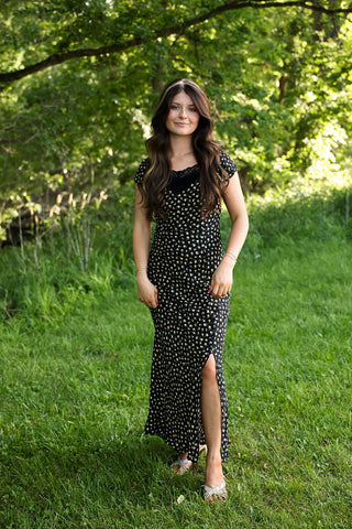 Black dress, v neck, floral print, leg slit | Beachside Romance Dress - Silver Line Boutique