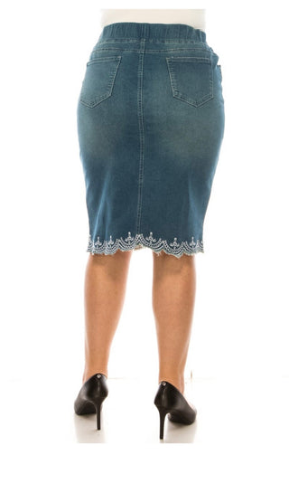 Denim Skirt - Embroidered *Extended Plus* - Silver Line Boutique