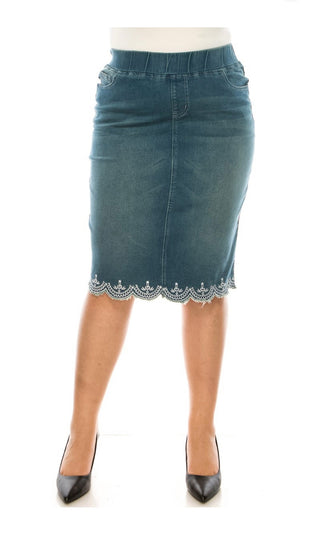 Denim Skirt - Embroidered *Extended Plus* - Silver Line Boutique